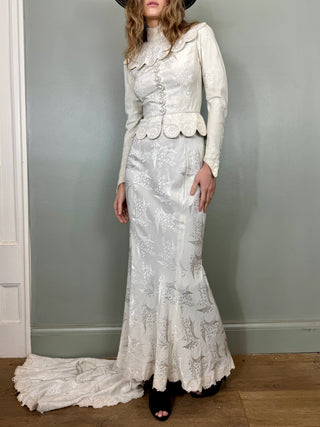 Calla, Vintage White Silk Damask, Bias Cut Fishtail Gown