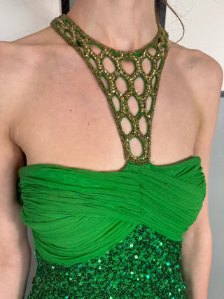Clara, Vintage Green Sequins Dress with Rhinestone Collar and Belt