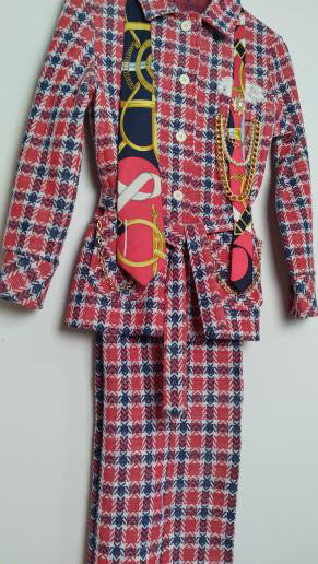 Upcycled Vintage Red Plaid 3-Piece Suit (1970s) with Hermès Tie, Lace Pocket Square, Chains & Pear Trim