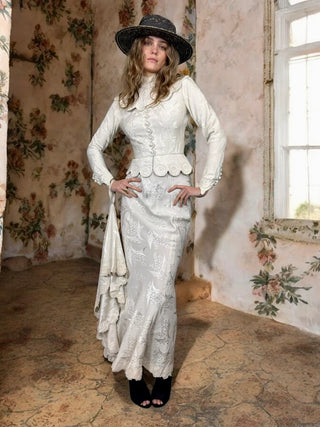 Calla, Vintage White Silk Damask, Bias Cut Fishtail Gown