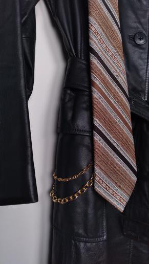 Reworked 1990s Buttery Soft Black Leather Belted Trench Coat by Frenchie with Vintage Tie, Pearl & Chain Adornments