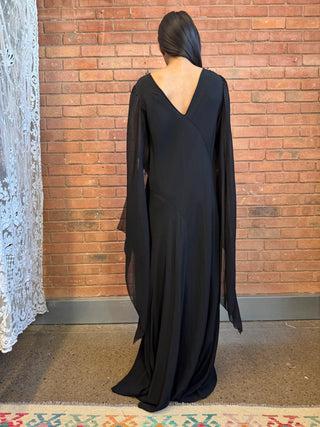 Virna, 30s Black Bias Cut Dress with Angel Sleeves and Rhinestone Detail