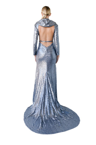Vintage 1990s Chelsea Silver Sequin Gown with Hood & Train
