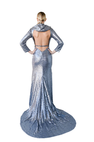 Vintage 1990s Chelsea Silver Sequin Gown with Hood & Train