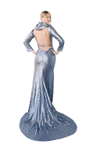 Vintage 1990s Chelsea Silver Sequin Gown with Hood & Train