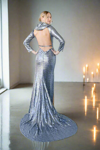 Vintage 1990s Chelsea Silver Sequin Gown with Hood & Train