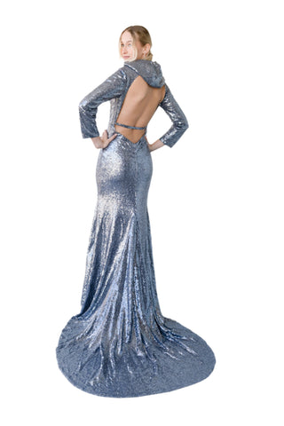 Vintage 1990s Chelsea Silver Sequin Gown with Hood & Train