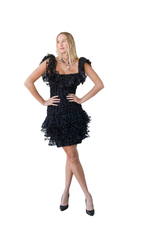 Vintage 1980s Vicky Tiel Couture Black Polka Dotted Tulle Dress with Ruffles