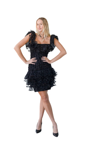Vintage 1980s Vicky Tiel Couture Black Polka Dotted Tulle Dress with Ruffles