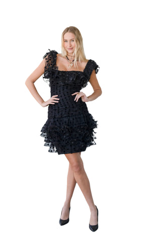 Vintage 1980s Vicky Tiel Couture Black Polka Dotted Tulle Dress with Ruffles