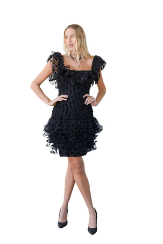 Vintage 1980s Vicky Tiel Couture Black Polka Dotted Tulle Dress with Ruffles