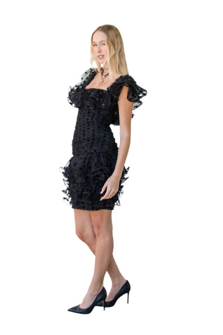 Vintage 1980s Vicky Tiel Couture Black Polka Dotted Tulle Dress with Ruffles