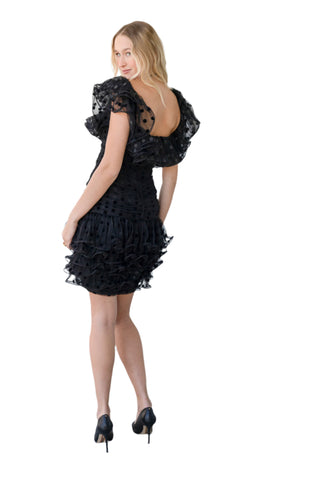 Vintage 1980s Vicky Tiel Couture Black Polka Dotted Tulle Dress with Ruffles