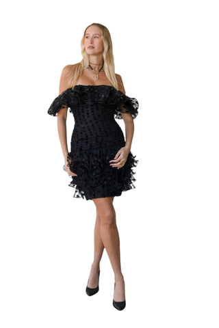 Vintage 1980s Vicky Tiel Couture Black Polka Dotted Tulle Dress with Ruffles