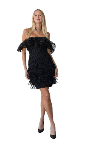 Vintage 1980s Vicky Tiel Couture Black Polka Dotted Tulle Dress with Ruffles