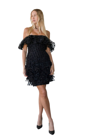 Vintage 1980s Vicky Tiel Couture Black Polka Dotted Tulle Dress with Ruffles