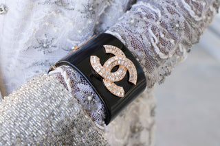 Vintage Chanel Black Cuff with Crystal CC Logo
