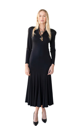 Vintage Norma Kamali Black Long Sleeve Cotton Maxi Gown & Dramatic Shoulder Pads