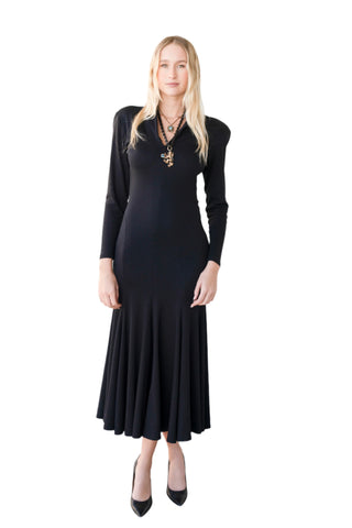 Vintage Norma Kamali Black Long Sleeve Cotton Maxi Gown & Dramatic Shoulder Pads