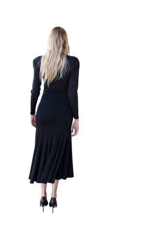 Vintage Norma Kamali Black Long Sleeve Cotton Maxi Gown & Dramatic Shoulder Pads