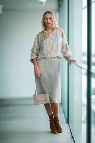 Vintage Pale Aqua Drop Waist Printed Silk Day Dress with Lace Detailing
