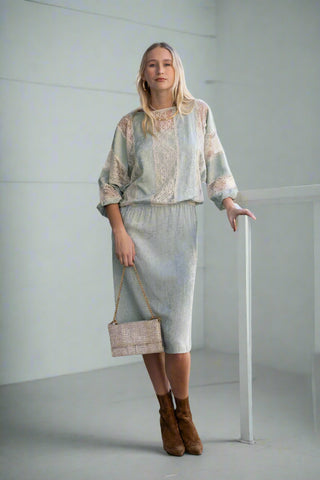 Vintage Pale Aqua Drop Waist Printed Silk Day Dress with Lace Detailing