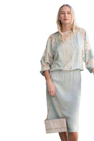 Vintage Pale Aqua Drop Waist Printed Silk Day Dress with Lace Detailing