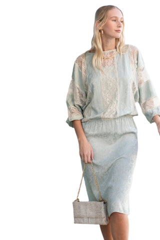 Vintage Pale Aqua Drop Waist Printed Silk Day Dress with Lace Detailing