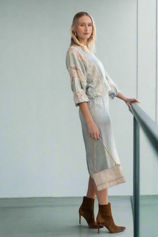 Vintage Pale Aqua Drop Waist Printed Silk Day Dress with Lace Detailing