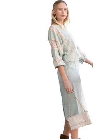 Vintage Pale Aqua Drop Waist Printed Silk Day Dress with Lace Detailing