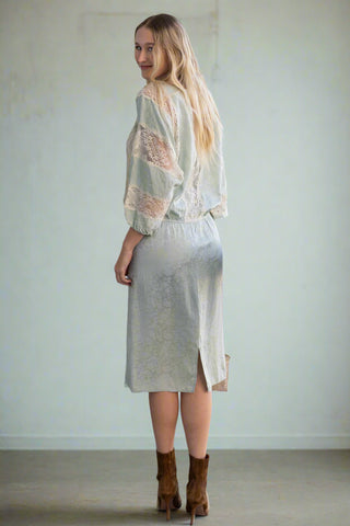 Vintage Pale Aqua Drop Waist Printed Silk Day Dress with Lace Detailing