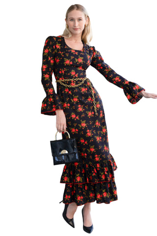 Vintage 1960s/1970s Joseph Magnin Black Ruffle Dress with Red Rose Detail