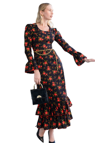 Vintage 1960s/1970s Joseph Magnin Black Ruffle Dress with Red Rose Detail