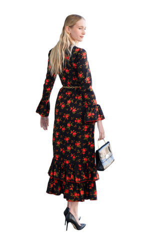 Vintage 1960s/1970s Joseph Magnin Black Ruffle Dress with Red Rose Detail