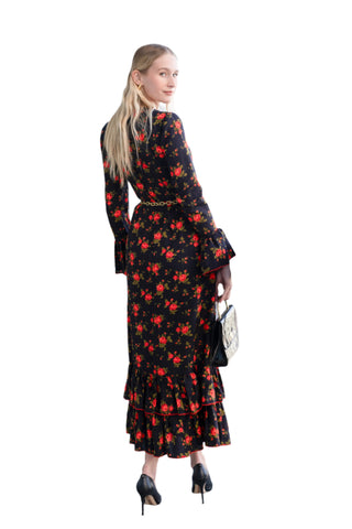 Vintage 1960s/1970s Joseph Magnin Black Ruffle Dress with Red Rose Detail