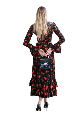 Vintage 1960s/1970s Joseph Magnin Black Ruffle Dress with Red Rose Detail