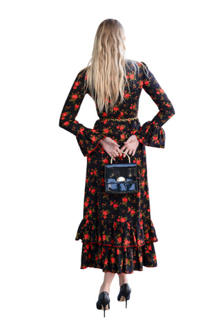 Vintage 1960s/1970s Joseph Magnin Black Ruffle Dress with Red Rose Detail