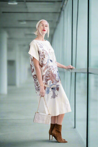 Vintage Shinawatra Silk Handwoven Cream Dress with Floral Design