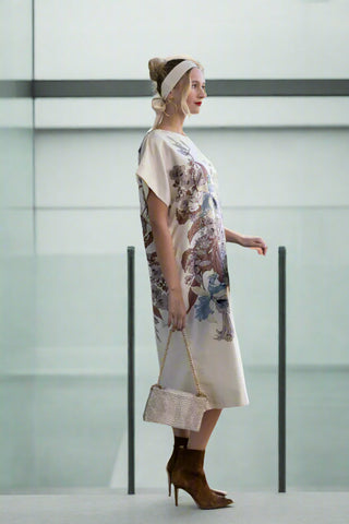 Vintage Shinawatra Silk Handwoven Cream Dress with Floral Design
