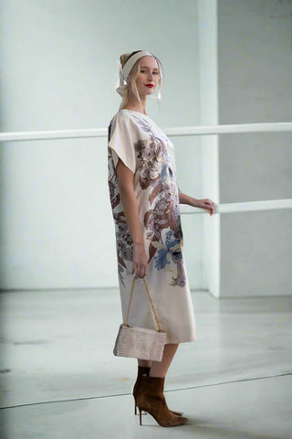 Vintage Shinawatra Silk Handwoven Cream Dress with Floral Design