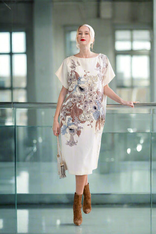 Vintage Shinawatra Silk Handwoven Cream Dress with Floral Design