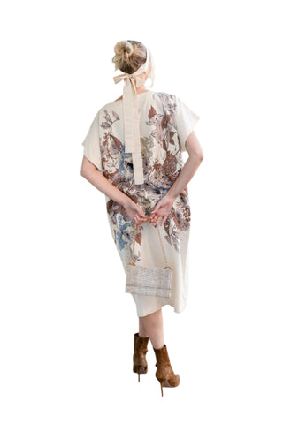 Vintage Shinawatra Silk Handwoven Cream Dress with Floral Design