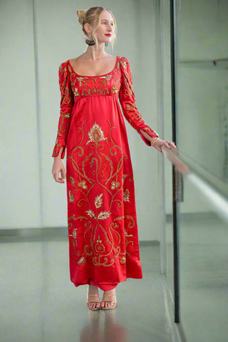 Rare Vintage 1960s Michael Novarese Haute Couture Red Satin Gold Beaded Empire Waist Gown