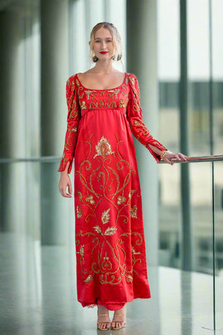 Rare Vintage 1960s Michael Novarese Haute Couture Red Satin Gold Beaded Empire Waist Gown