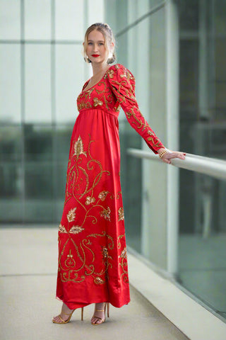 Rare Vintage 1960s Michael Novarese Haute Couture Red Satin Gold Beaded Empire Waist Gown