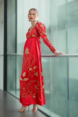 Rare Vintage 1960s Michael Novarese Haute Couture Red Satin Gold Beaded Empire Waist Gown