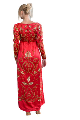 Rare Vintage 1960s Michael Novarese Haute Couture Red Satin Gold Beaded Empire Waist Gown