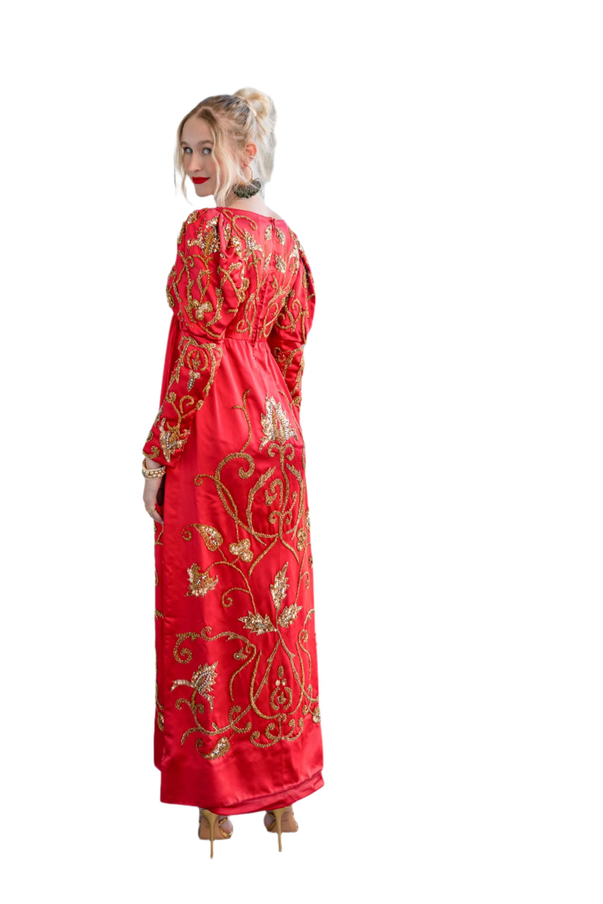 Rare Vintage 1960s Michael Novarese Haute Couture Red Satin Gold Beaded Empire Waist Gown Rare Vintage 1960s Michael Novarese Haute Couture Red Satin Gold Beaded Empire Waist Gown