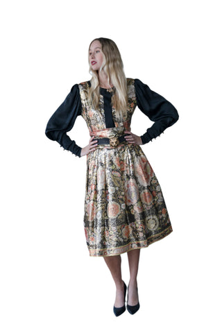 Vintage 1990s Leonard Paris Metallic Silk Brocade Floral Cocktail Dress