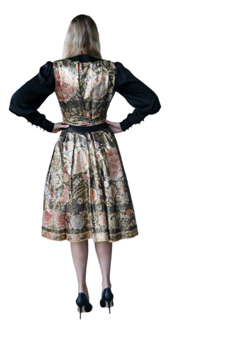 Vintage 1990s Leonard Paris Metallic Silk Brocade Floral Cocktail Dress